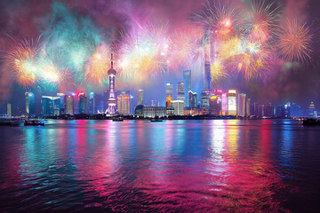 Beautiful night Shanghai cityscape with fireworks and light from modern city skyscrapers in river