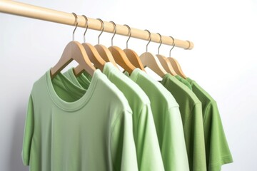 Obraz premium Light green shirts on hangers. Textile stylish trendy items hanging on rack. Generate ai