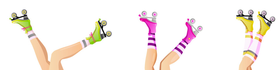 Set of Roller skates and female legs. Girls wearing roller skates. Hand drawn trendy vector illustration of legs and rollerblades for web banner, poster, card