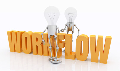 Zwei Glühbirnen Figuren mit dem englischen Wort Workflow - 726270315
