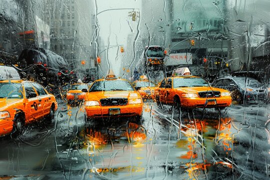 Amidst the bustling city, a vibrant yellow taxi cab braves the rainy streets, its wheels gliding over the slick pavement, as the orange hue of its exterior reflects the wintry precipitation, a symbol