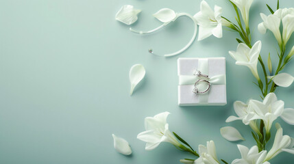 White freesia flower and gift box