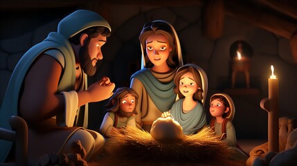 Obraz na płótnie Canvas Nativity Scene Cartoon Illustration - Generative Artistry