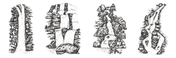 Set hand draw beautiful waterfall sketches in monochrome vintage style. Vector engraving illustration.