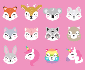 Cute baby animal faces, portraits. Fox, deer, koala, cat, racoon, unicorn, alpaca, lama, bunny. Illustration for printing on fabric, postcard, wrapping paper, book, picture, wallpaper, kid room decor