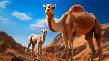 Orange and White Drawing of a Camel with Baby

