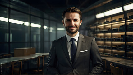Fototapeta premium Happy handsome smiling professional business man, happy confident positive male entrepreneur standing outdoor on street, looking at camera. With space to type.