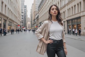 Young Woman Exudes Confidence as She Strolls Through the Bustling Street