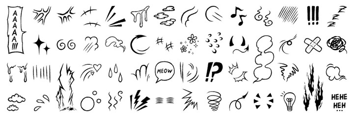 Anime manga ink drawing emotion effect element. Expression sign, speech bubble, crown, heart and fire shape. Character emotion vector set.