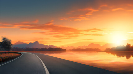 Fototapeta na wymiar Golden Horizons: Embracing the Beauty of Sunset by the Lake and Road