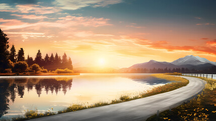 Serene Escapes: A Roadside Tale by the Lake at Sunset