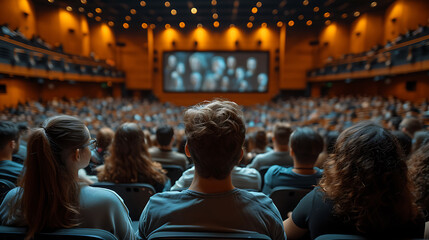 Audience in the conference hall or seminar meeting. With a large media screen showing video presentation, business and education concept. Backside view. 