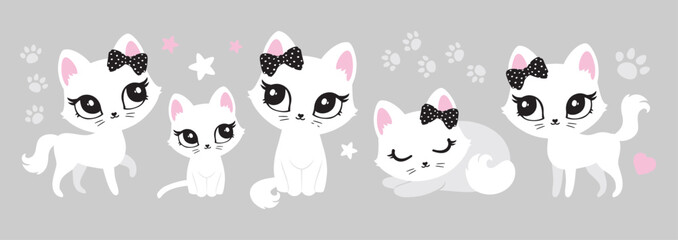 Illustration of cute cat, kitten. Baby, child, cute portrait. Little face, little animal, pet. White character, black graphic. Stickers, wall art, kids room decoration, cutie full face, small kitty