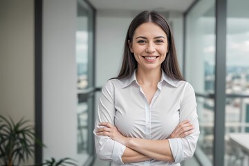 Confident Businesswoman Smiling, Successful, and Assertive Female Leader Poses with Crossed Hands