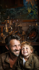 Obraz premium Heart-warm picture of father and son smiling happily. There is a copy space for entering text suitable for presenting warm family topics. The love between father and son is the strongest relationship.