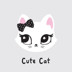 Illustration of cute cat, kitten. Baby, child, cute portrait. Little face, little animal, pet. White character, black graphic. Stickers, wall art, kids room decoration, cutie full face, small kitty