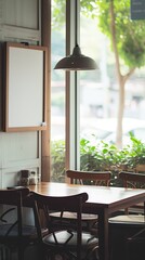 Obraz premium Table and chairs in a restaurant with a large window, suitable for restaurant promotions, interior design, dining advertisements, social media posts and reels and lifestyle concepts.