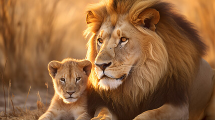 Africa Botswana Adult male lion Panthera leo and cub 
