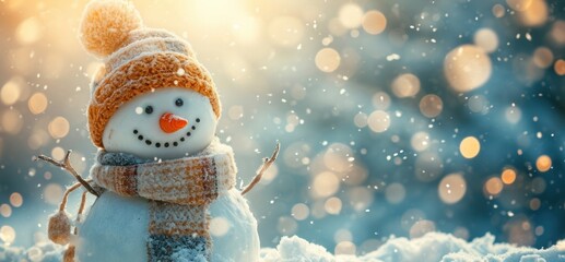 Winter holiday christmas background banner - Closeup of cute funny laughing snowman with wool hat and scarf, on snowy snow snowscape with bokeh lights, illuminated by the sun, Generative AI - obrazy, fototapety, plakaty