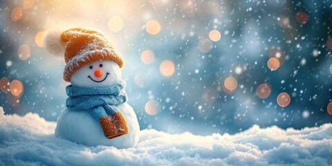 Winter holiday christmas background banner - Closeup of cute funny laughing snowman with wool hat and scarf, on snowy snow snowscape with bokeh lights, illuminated by the sun, Generative AI - obrazy, fototapety, plakaty