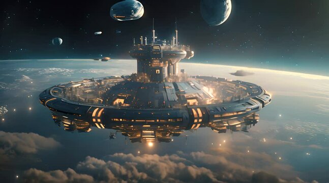 Abstract animation of a planetary space base. Futuristic design, orbiting celestial bodies, technological marvel, digital space adventure, cosmic architecture, animated exploration. Generated by AI.