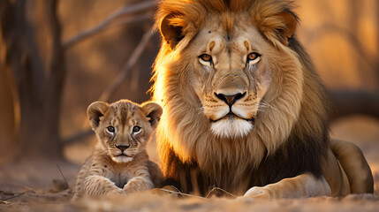 Africa Botswana Adult male lion Panthera leo and cub  - obrazy, fototapety, plakaty