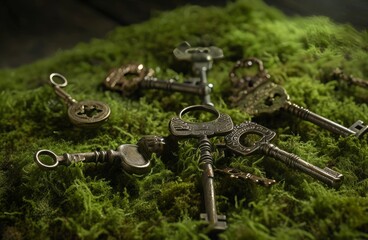 Old keys on moss surface. Ancient key collection on verdant botanical mossy growth. Generate ai