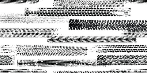Tire track seamless pattern. Grange tread marks .Grunge textured vector car tread . Car trails endless pattern texture. Tyre track seamless texture. Wheel tire tread track background - obrazy, fototapety, plakaty