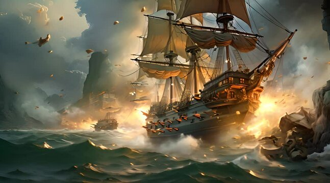 Abstract animation of a pirate ship . Dynamic, nautical, animated waves, pirate flag, Jolly Roger, adventurous, seafaring, thrilling, high seas, animated quest. Generated by AI.