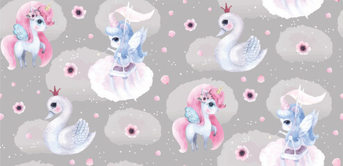 Pattern print unicorn fairy swan watercolor watercolour aquarelle poster girl room decor wallpaper background cartoon hand drawn illustration t-shirt print, kids wear fashion design, baby shower © yuliabikirova