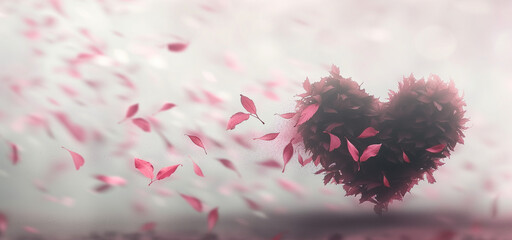 Leaves in the shape of a heart, abstract banner. Abstract black and pink leaves forming a heart in the style of fleeting moments. Love theme, landscape, horizontal orientation.
