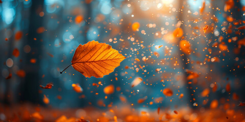 Closeup of autumn leaves in the wind on a sunny day banner. Copy space. Fleeting moments in the style of hope and warmth. Sun shining through the trees and the leaves, illuminating them. Orange, cyan