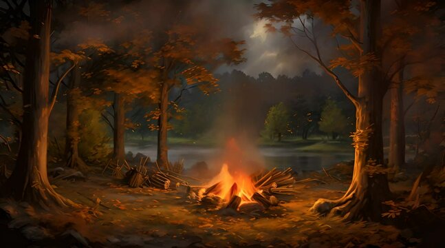 Abstract animation campfire for a peaceful retreat. Animated flames, crackling warmth, nature's embrace, outdoor serenity, digital artistry, cozy atmosphere . Generated by AI.