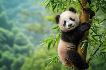 Obraz premium Panda climbing a bamboo tree in forest