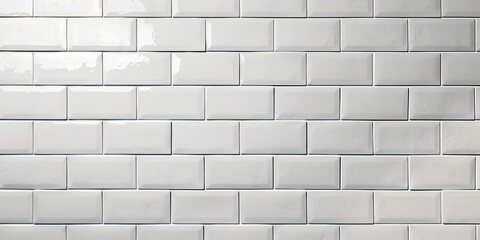 White light brick subway tiles wall texture wide background banner panorama, Generative AI 