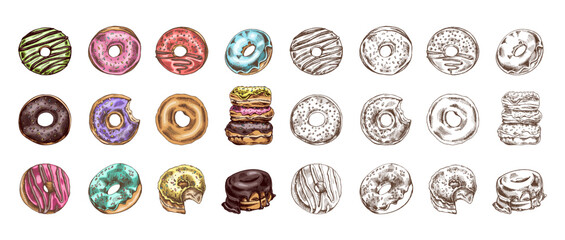 A set of hand-drawn colored and monochrome sketches of donuts. Vintage illustration. Pastry sweets, dessert. Element for the design of labels, packaging and postcards.