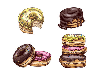 A set of hand-drawn colored sketches of donuts. Vintage illustration. Pastry sweets, dessert. Element for the design of labels, packaging and postcards.
