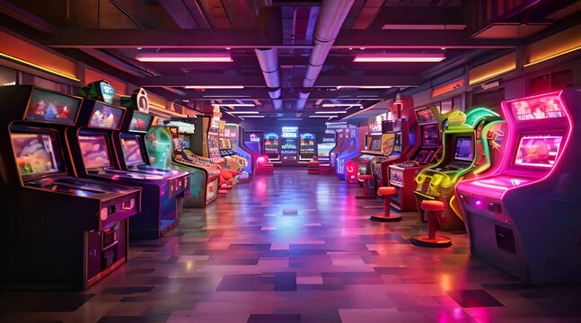 Abstract animation arcade hall filled with gaming machines. Flashing lights, dynamic patterns, and a lively atmosphere create an exciting and immersive gaming experience. Generated by AI.