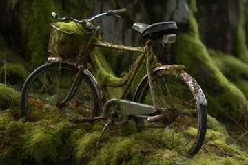 Fototapeta na wymiar Aged rusty bicycle in wild mossy vegetation. Abandoned bike in woodland green habitat. Generate ai