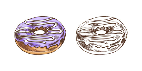 A hand-drawn colored and monochrome sketch of donut. Vintage illustration. Pastry sweets, dessert. Element for the design of labels, packaging and postcards.