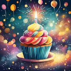 Vibrant Birthday Illustration with Cupcake and Candle