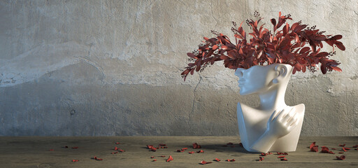 Anthropomorphic vase in the shape of a human head, a woman, from which flowers come out, 3d illustration, 3d rendering