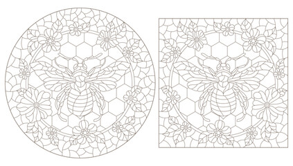 Set of contour illustrations in the style of stained glass with abstract bees, dark outlines on a white background