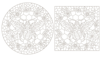 Set of contour illustrations in the style of stained glass with abstract bees, dark outlines on a white background