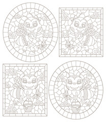 A set of contour illustrations in the style of a stained glass window with cartoon bees, dark contours on a white background