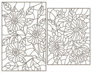 Set of contour illustrations in stained glass style with floral arrangements, dark contours on a white background