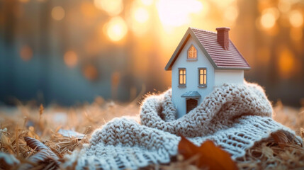 Doll house wrapped with scarf in front of blurred cold winter day background.