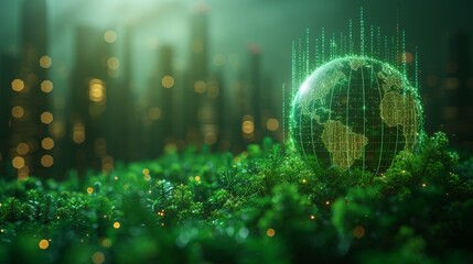 A hologram of the earth and a glowing eco hud with diverse icons and lines on a backdrop of a green city with a blurred background. A futuristic concept of green energy and renewable sources.