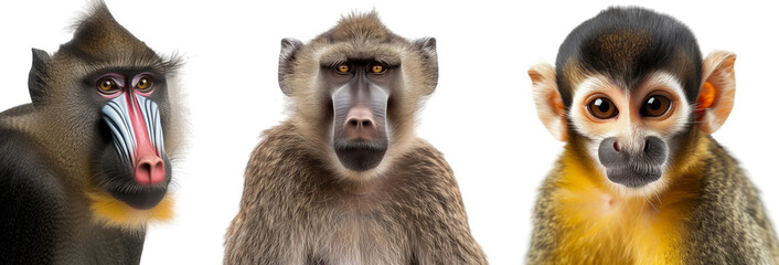 Monkey portrait collection, closeup images of a mandrill, a baboon and a squirrel monkey isolated on a white background - obrazy, fototapety, plakaty