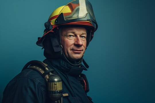 AI generated illustration of a fireman slightly smiling on a blue background